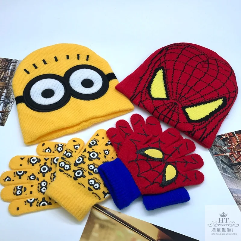 

Children's Cap + Gloves Hat Cartoon Minions Glove Hats Sets Fashion Kids Baby Warm Knitted Caps Gloves Beanies