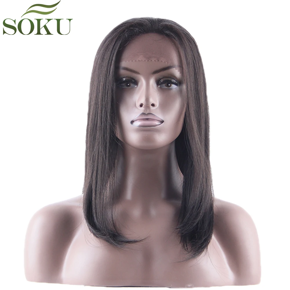 Натуральный черный синтетический Синтетические волосы на кружеве парики для черный Для женщин 20 дюймов Glueless термостойкие прямые волосы
