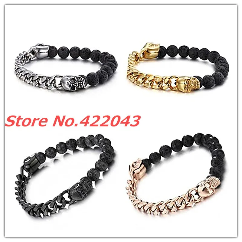 Дизайн, высокое качество, черный камень лавы, ювелирное изделие, бусины с черепом, кубинская цепочка, браслеты, серебро, золото, черное, розовое золото, на выбор