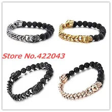 Дизайн, высокое качество, черный камень лавы, ювелирное изделие, бусины с черепом, кубинская цепочка, браслеты, серебро, золото, черное, розовое золото, на выбор