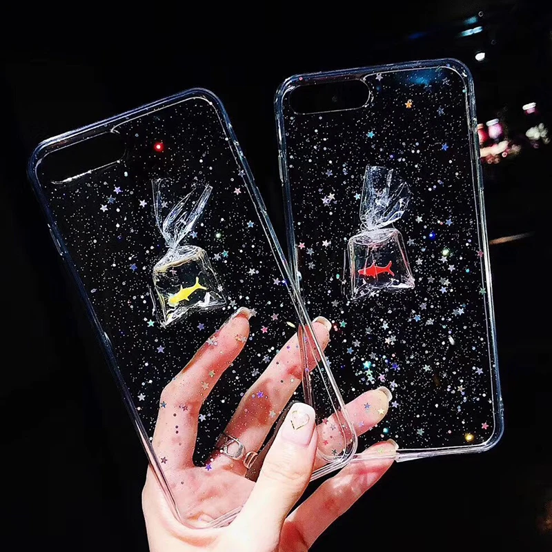 Cute goldfish Transparent Phone Case For iPhone 6 6S Clear TPU Silicone Back Cover For iPhone 7 7 plus 8 6 S X Star Star Glitter Capa (1)
