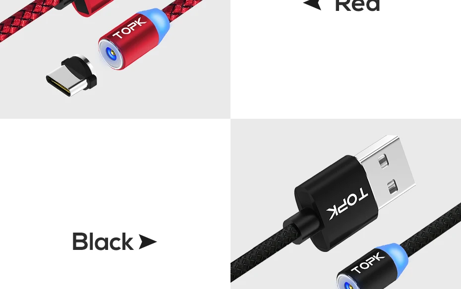 TOPK AM17 2 м светодиодный магнитный USB кабель для iPhone Xs Max Micro usb type C кабель samsung Плетеный телефонный кабель Магнитный зарядный провод