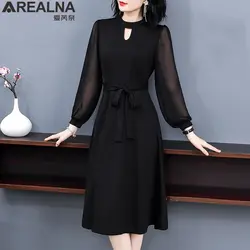 Сексуальная прозрачная ткань сетка Черное женское платье осень длинный рукав выдалбливают платье средней длины в стиле пэчворк с поясом