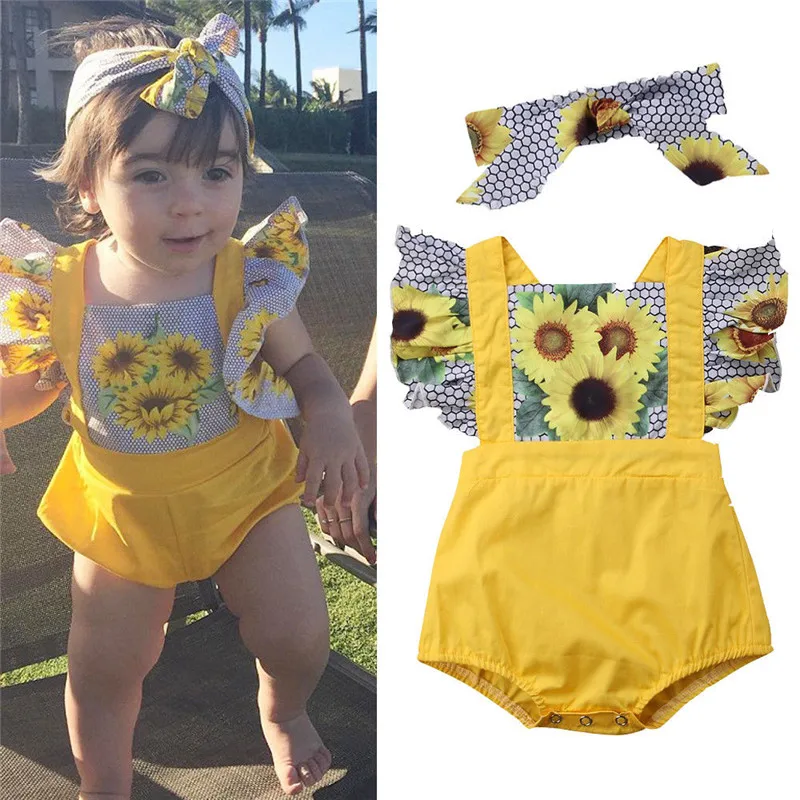 

Newborn Kids Baby Girls clothes backless Sunflower print square collar sleeveless Ruffle Bodysuit Bow Headband 2pc cotton Outfit