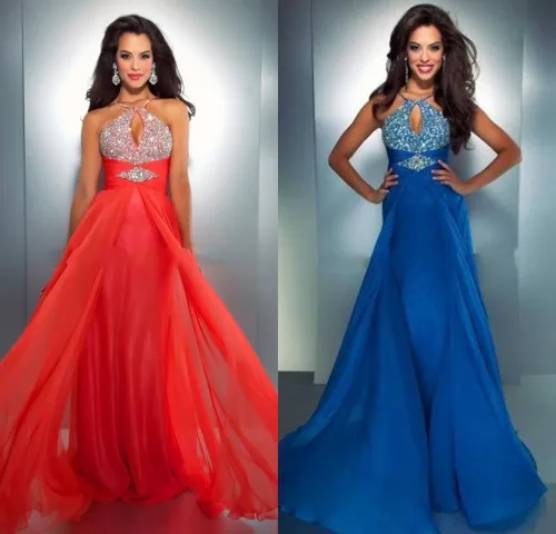 

A-line Straps Sleeveless Chiffon Red Prom Dresses/Evening Dress With Beading Halter Neck With Keyhole Crystal Prom Dresses
