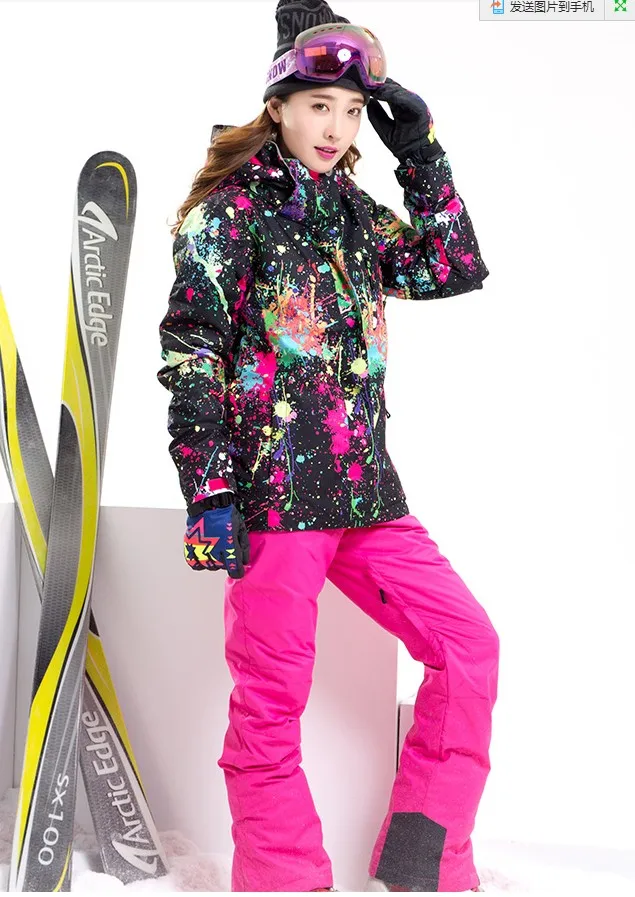 Женский лыжный костюм, женский лыжный костюм для верховой езды, альпинизма, лыжный костюм, черная Лыжная куртка с граффити и розовые красные лыжные штаны на подтяжках, комбинезон