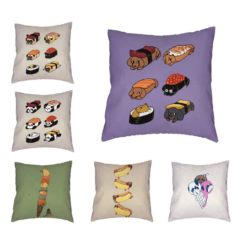 

Soft Dog Puppy Pug Cute Cat Cushion Cover Ice-cream Cone Dachshund Salmon Sushi Kimbap Pillowcase Linen Decor Home Sofa Car Seat