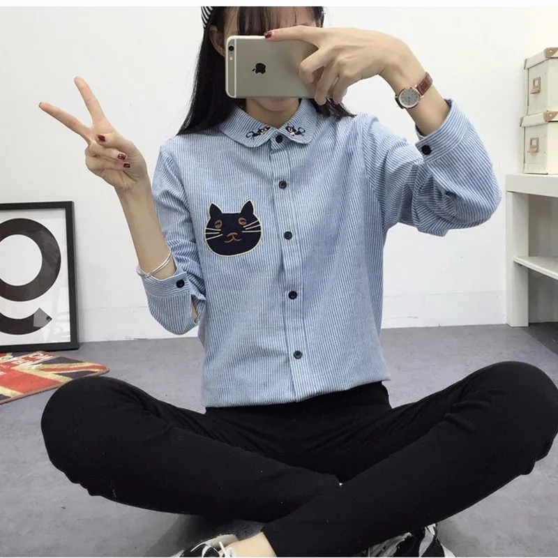 2016 New Spring and Autumn Womens Shirt Blouse Cat Embroidery Long Sleeve Women Shirts Casual Tops Size M-XL03