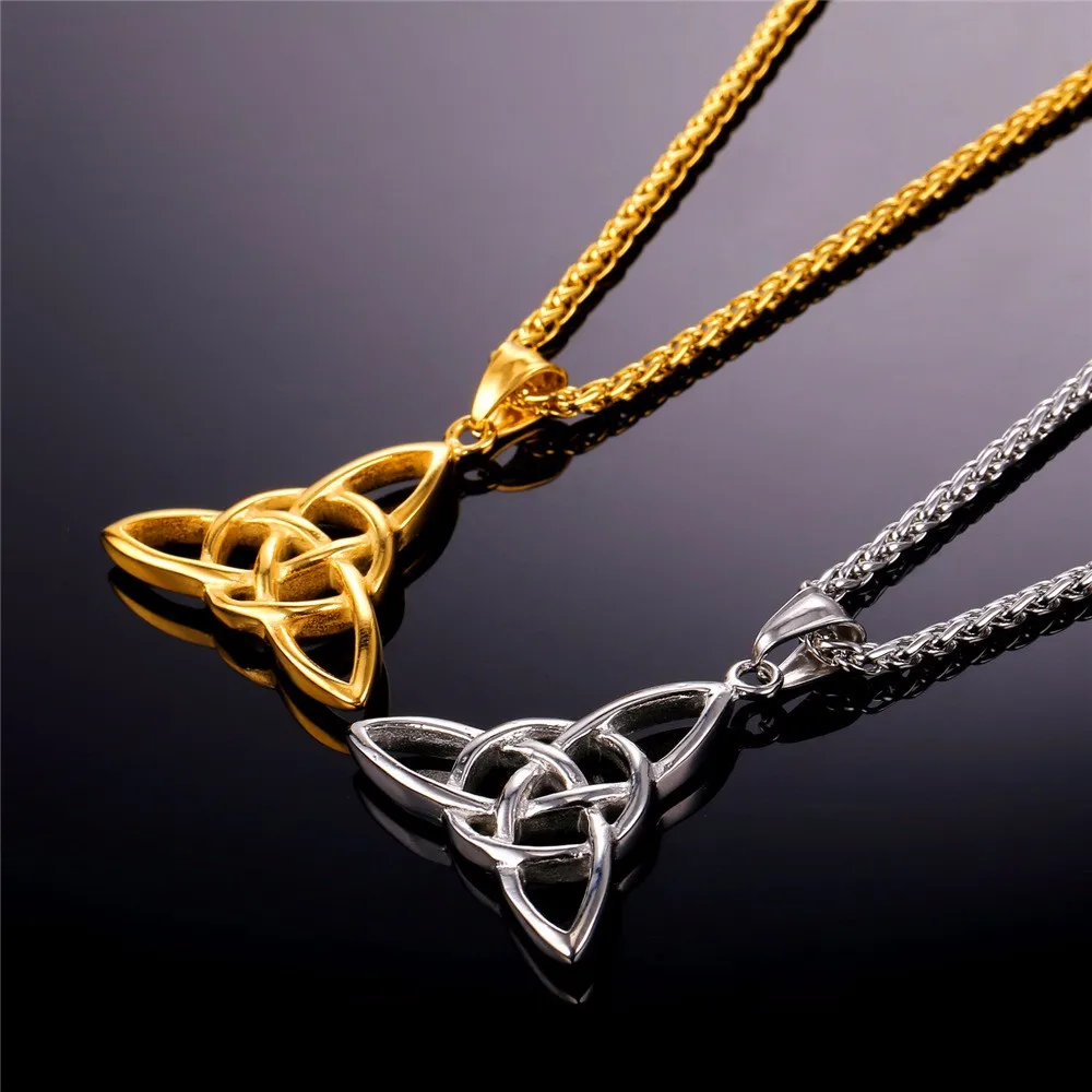 U7 Viking Jewelry Celtic Knots Necklaces & Pendants Triquetra Gold Color Stainless Steel Men Chain Gift Irish Knot Charm P722