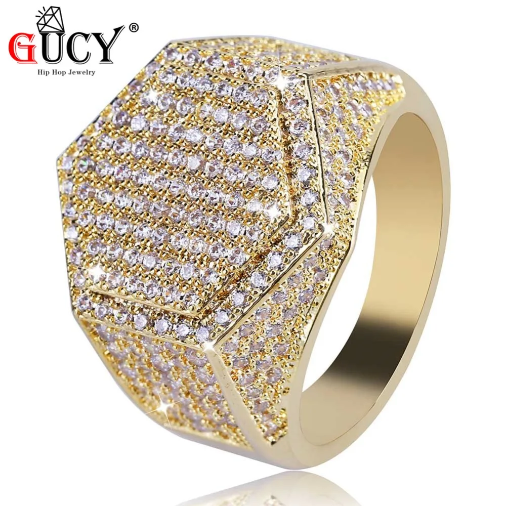 

GUCY Hip Hop Ring Micro Pave AAA+Cubic Zircon Stones All Iced Out Gold Silver Color Plated Hexagon Shape Rock Jewelry For Men