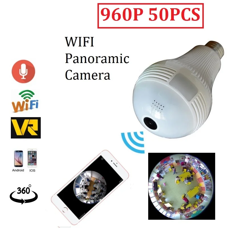 

50pcs 1.3MP wifi Bulb Light design camera 960p Wireless IP 360 degree bulb Panoramic Camera Wi-Fi Lamp cam use FishEye lens