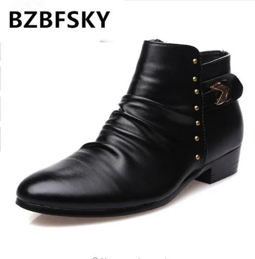 

2018 NEW Pointed Toe Ankle Boots For Men Metal Decoration Motorcycle Boots Split Leather Zip Boot High Top Shoes Man