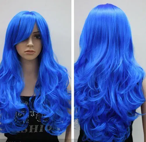 charming New stylish blue long Wavy curly women's cosplay wig + hairnet |