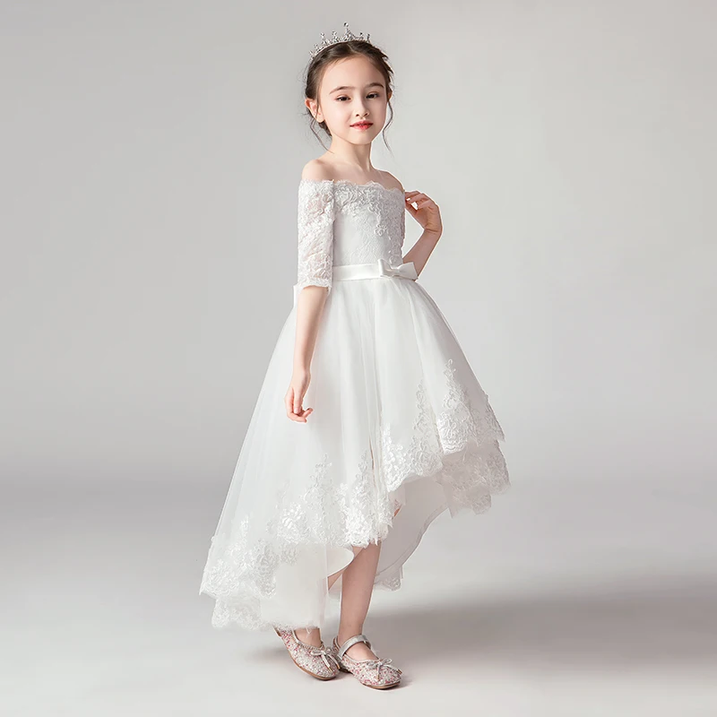 JaneVini очаровательный белый высокий низкий Платье в цветочек для девочек 2019 кружевной вырез лодочкой Аппликации принцессы праздничные
