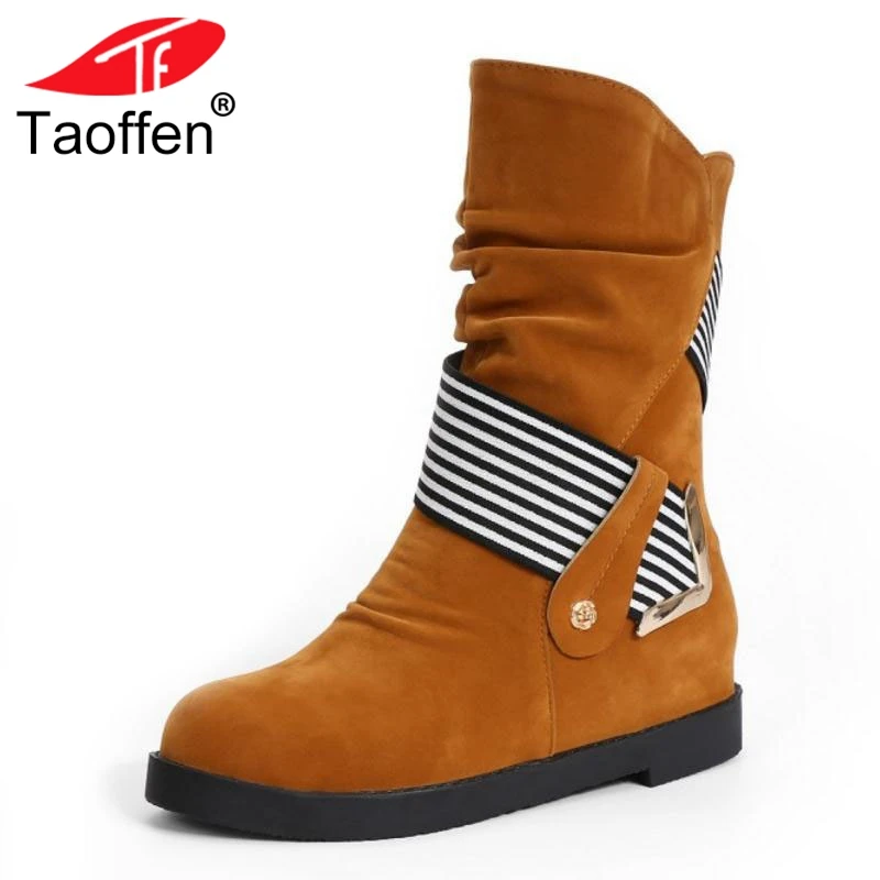 

TAOFFEN Vintage Women Flats Boots Striped Rivet Warm Fur Shoes Women Winter Mid Calf Boots Fashion Party Shoes Size 34-43
