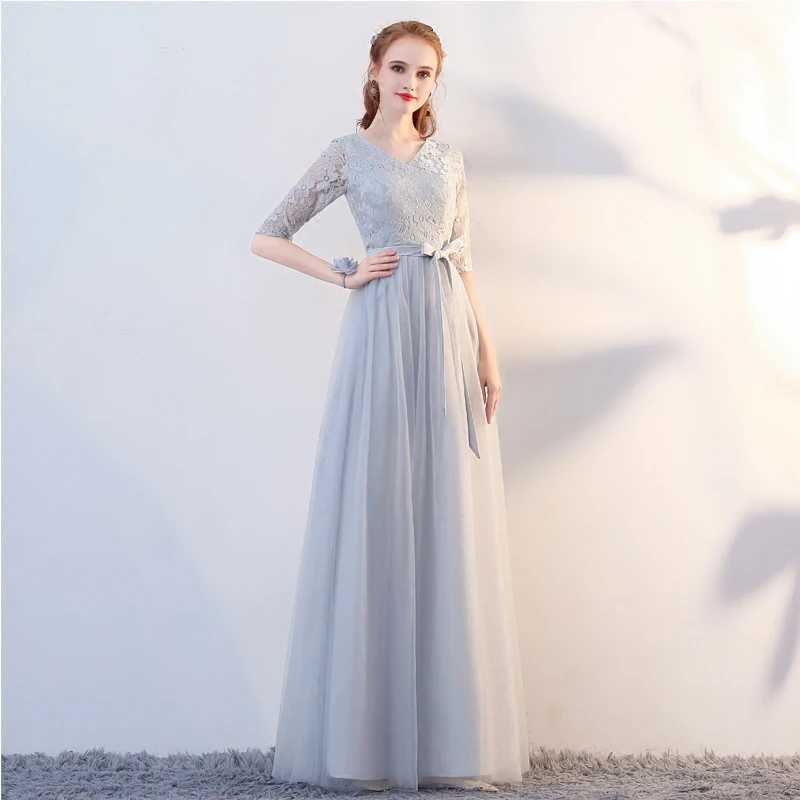 SJZL 70 # серое платье подружки невесты с длинным рукавом и круглым воротником на