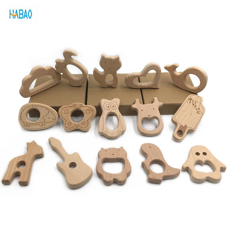 Wooden Teether Wood Pendant Teething Toys Cute Animal Shape Food Grade Materials Organic Chew Gift Baby Teethers Baby Goods
