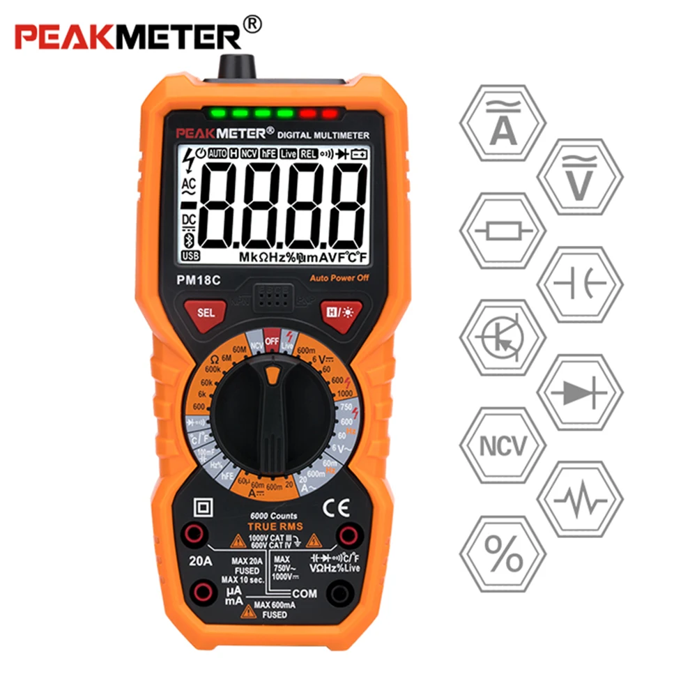 

PEAKMETER Digital Multimeter PM890C / PM890D / PM18 / PM18C True RMS AC/DC Voltage Resistance Meter Frequency NCV Tester
