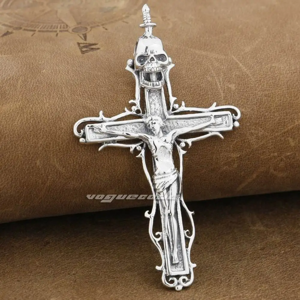 

925 Sterling Silver Jesus Crucifix Cross Sword Skull Mens Biker Pendant 9F027A