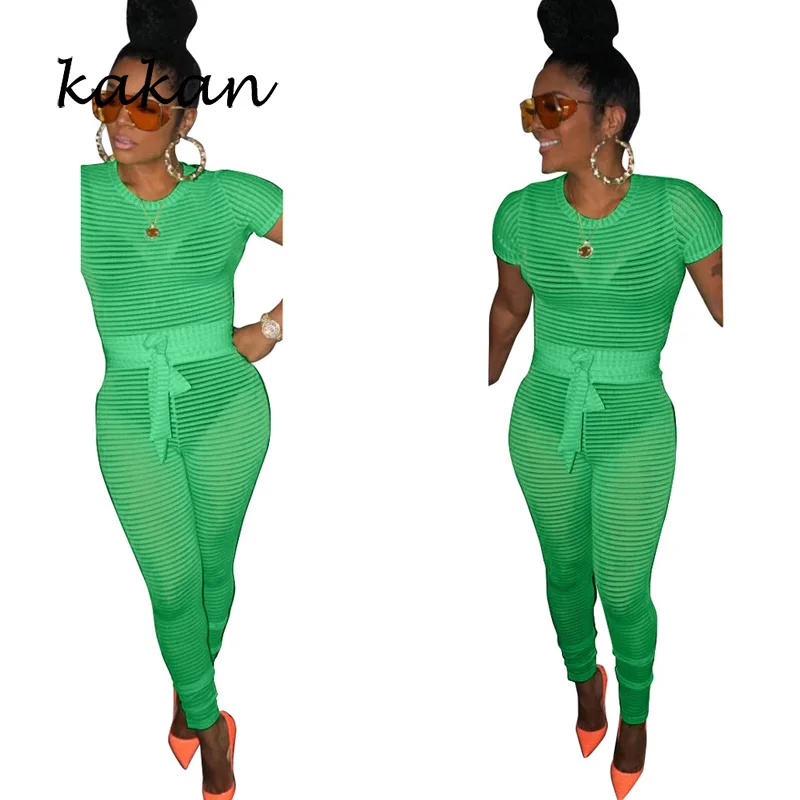 

Kakan summer new women's casual jumpsuit sexy mesh neon jumpsuit green orange tight-fitting one-piece trousers with belt