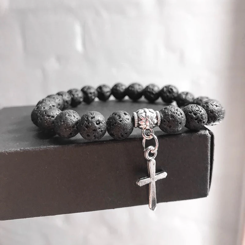 Мужской браслет с подвеской Angel Key Moon Cross из натуральной вулканической лавы