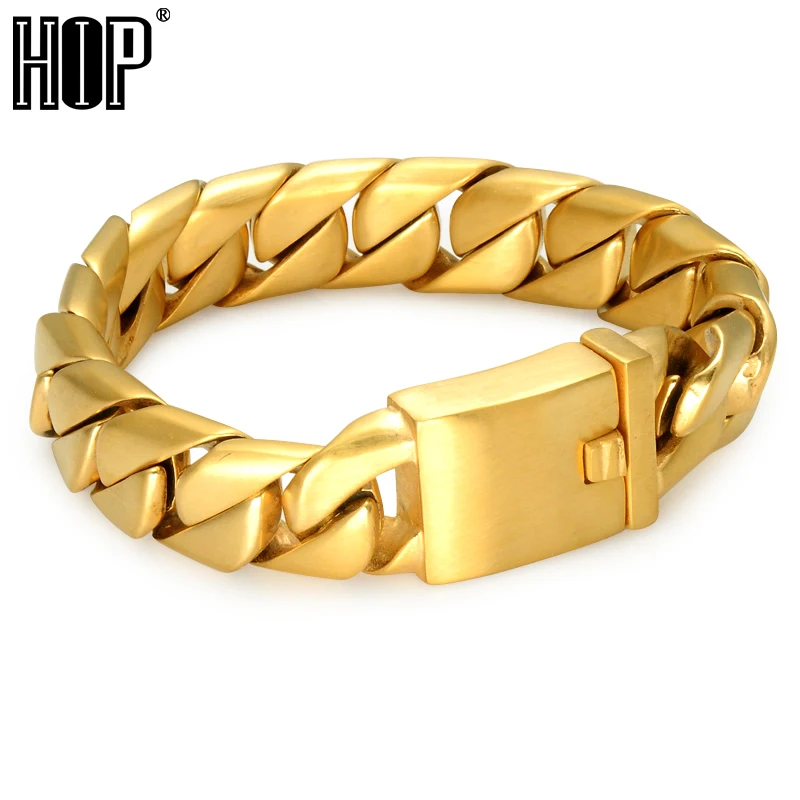 

HIP Hop Gold Color Curb Cuban Link Chain Bracelet Heavy Rock 316L Stainless Steel Bracelets For Men Jewelry