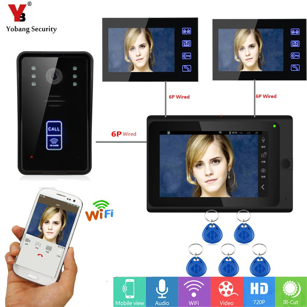 Yobang безопасности " цветной ЖК умный беспроводной Wifi видеодомофон дверной звонок Система входа 3 монитора RFID разблокировка с ночным видением