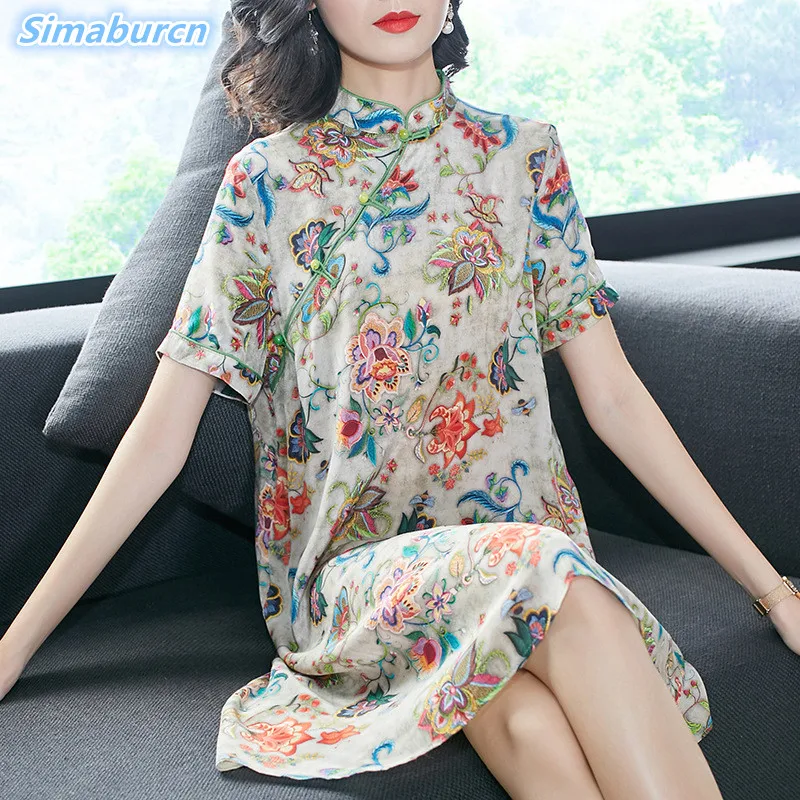 2018 Vintage Green Apricot Dress Women Spring Summer Chinese Style 100