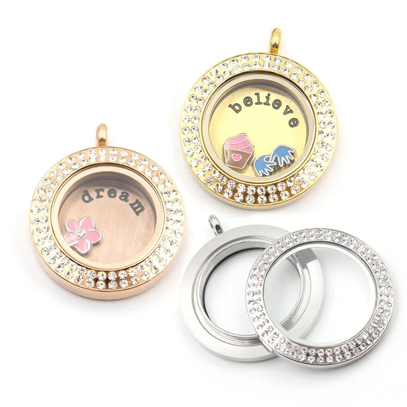 Подвеска медальон из нержавеющей стали два ряда кристаллов|pendant charms|charm locketlocket