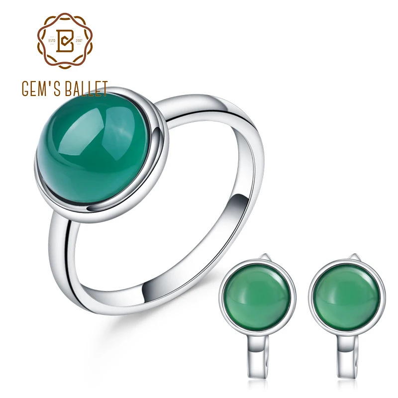 

GEM'S BALLET Natural Green Agate Earrings Ring Set Fine Jewelry 925 Sterling Silver Simple Elegant Jewelry Set For Women