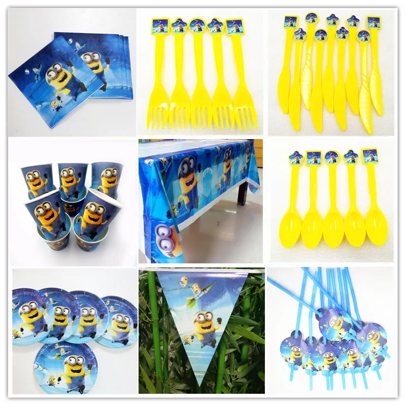 

Minions Party Supplies Theme Cartoon Party Tableware Plate Napkins Candy Popcorn Box Banner Flags minions birthday decoration