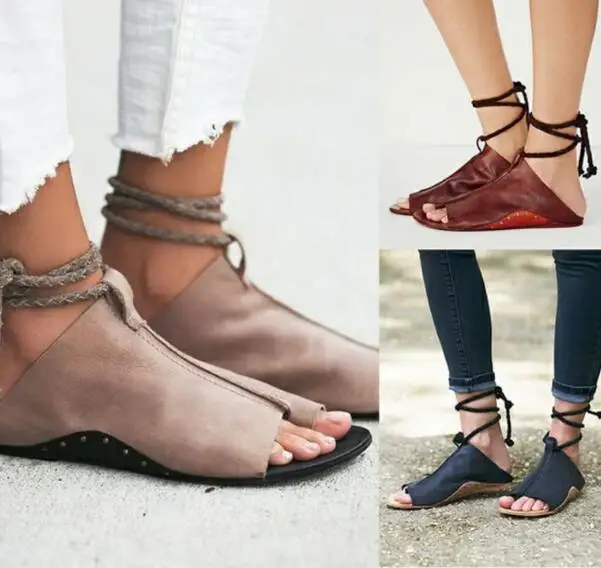 

Summer Sandals Women Flat Sandals Lace Up Ladies Sandals Shoes Gladiator Sandals Women Shoes Woman Pu Leather Rome Shoes Retro