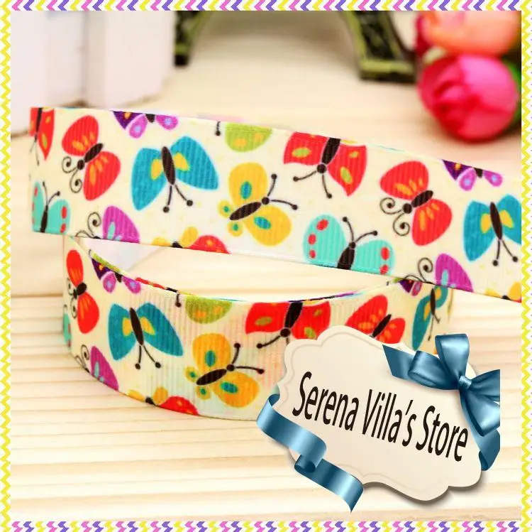 

High quality printed ribbon 50 yards Butterfly polyeste 100% polyester single face 7/8"