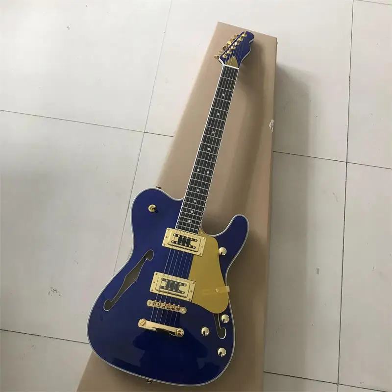 

Blue electric guitar with F hole can be customized free of freight