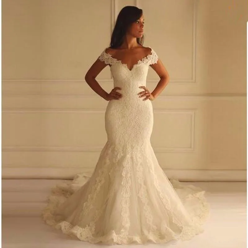

Cap Sleeve V-neck White Ivory Mermaid Wedding Dresses Lace Applique with Zipper Back Tulle Bridal Wedding Gowns Custom Made Size