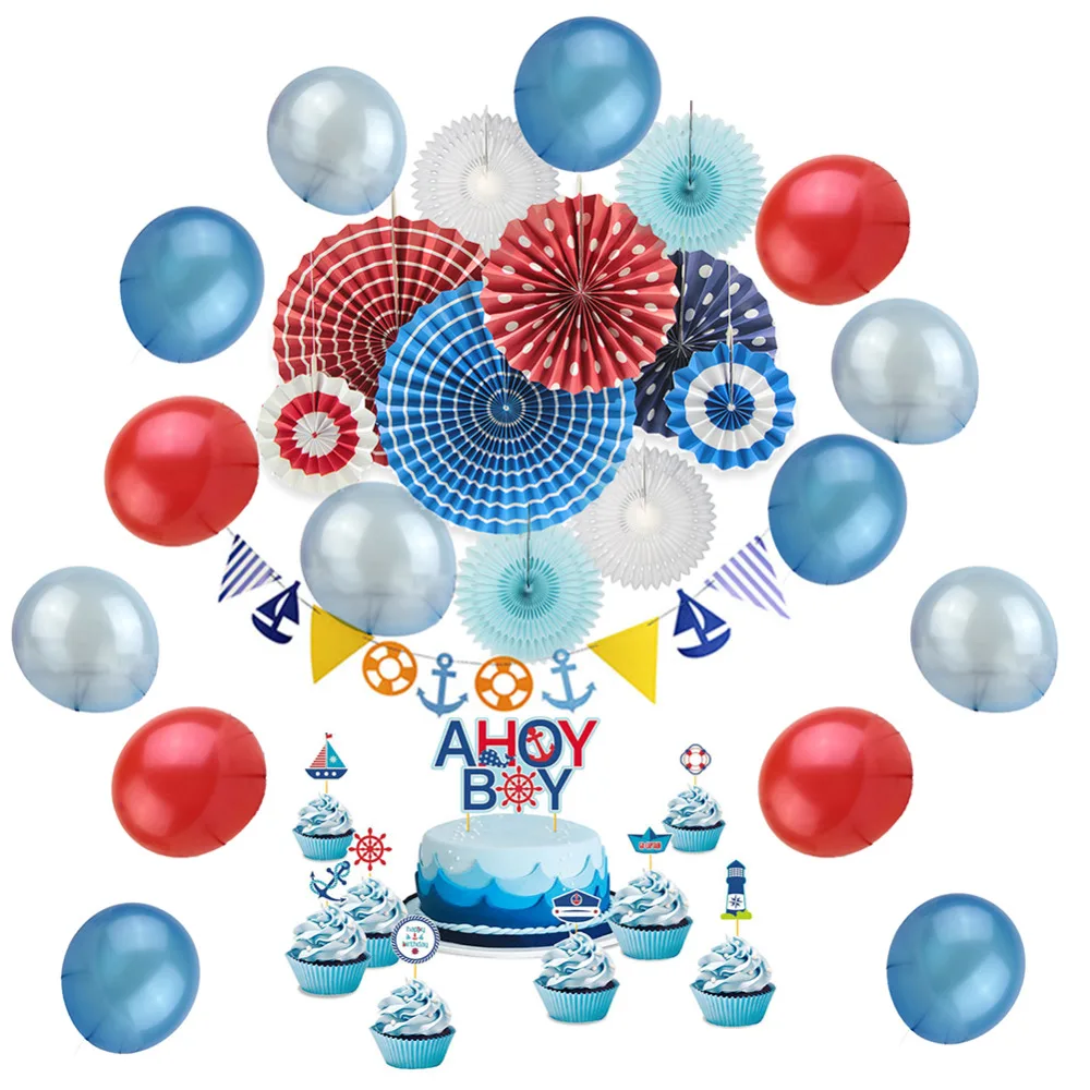 

22pcs Nautical Birthday Party Decoration Set Paper Fan,Cake Topper,Latex Balloon,Nautical Banner Shower Birthday Party Supplies