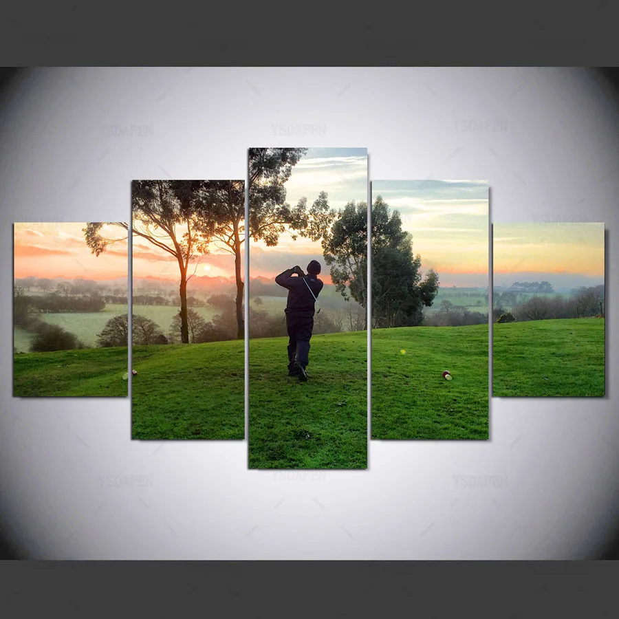 YSDAFEN 5 Pieces Playing Golf Sunrise Landscape Modern Home Wall Decor Canvas Picture Art HD On For Living Room ny-481 | Дом и сад