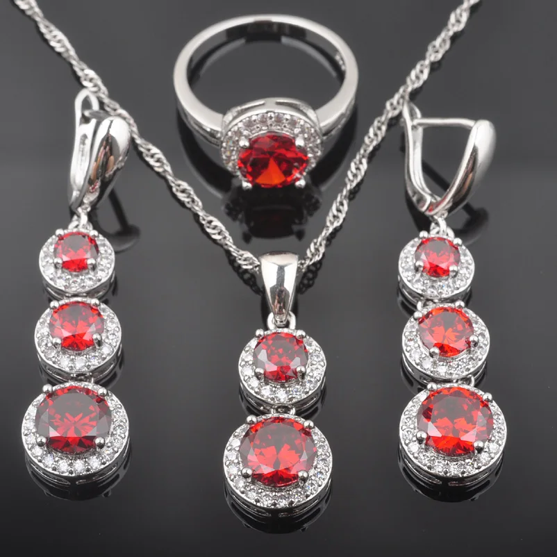 

FAHOYO Noble Red Zircon White CZ Women's 925 Sterling Silver Jewelry Sets Earrings/Pendant/Necklace/Rings QZ0490
