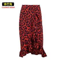 CR леопардовая длинная юбка Женская высокая талия женская Юбка-миди офисные юбки с рюшами и животным принтом женские летние красные повседневные