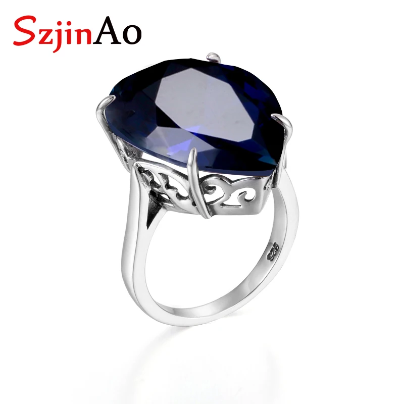 

SzjinAo Famous Brand Women Solid 925 Sterling Silver Rings Heart Shape September Birthstone Sapphire Ring Vintaga Fine Jewelry