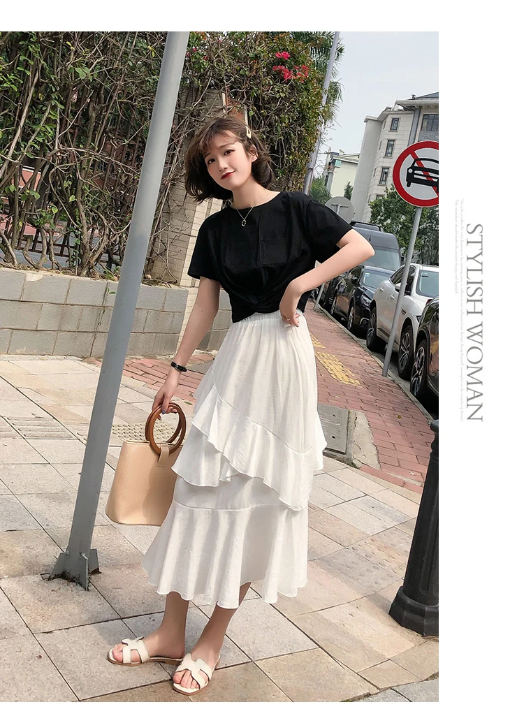 Лолита юбка корейская мода черный, белый цвет Длинные Высокая Талия Асимметричный рыбий хвост дизайн для женщин торт Слои юбки с оборками