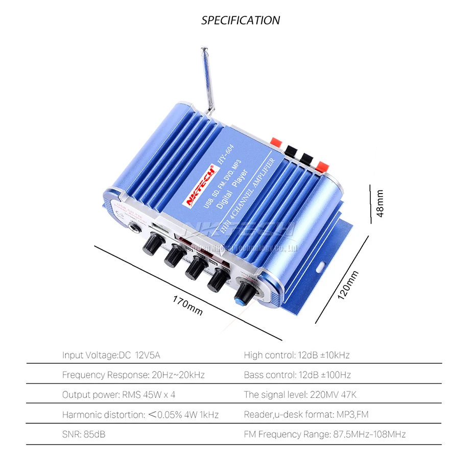 NKTECH HY-604 автомобильный аудио высокой мощности Цифровой усилитель 4CH x 45 Вт Hi-Fi плеер с микрофоном караоке реверберации Поддержка FM SD DVD MP3