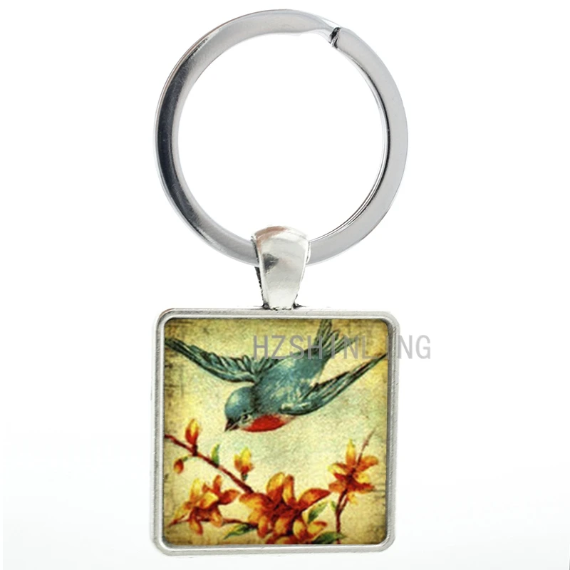 

Spring day style Vintage Blue Swallow Flower square keychain fashion bird charms men women key chain ring holder jewelry AA19