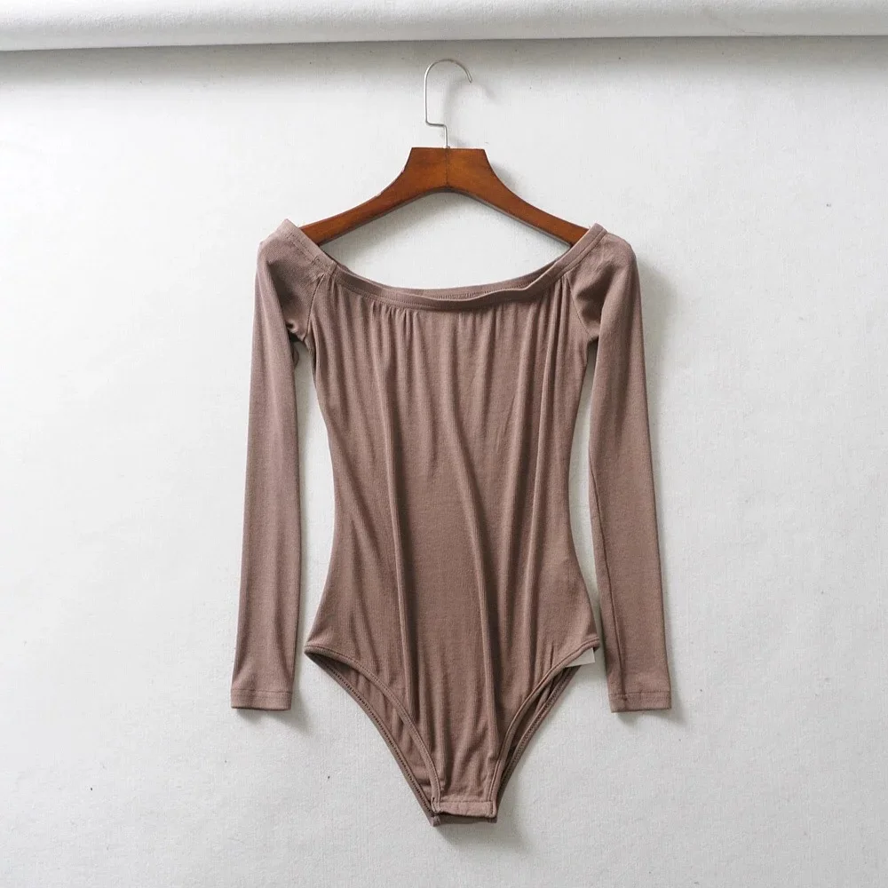 Dark Khaki Wixra, сексуальный боди с вырезом лодочкой, тонкий, длинный рукав, чистый цвет, базовый, для женщин, боди, Весна, хит, для девушек - Цвет: Dark Khaki