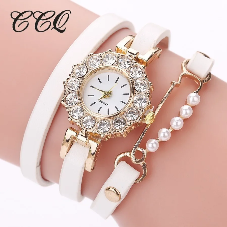 

2017 Relogios Feminino CCQ Women Vintage Bracelet Leather Band Pearl Pendant Quartz Watches Ladies Luxury Rhinestone Dial Watch