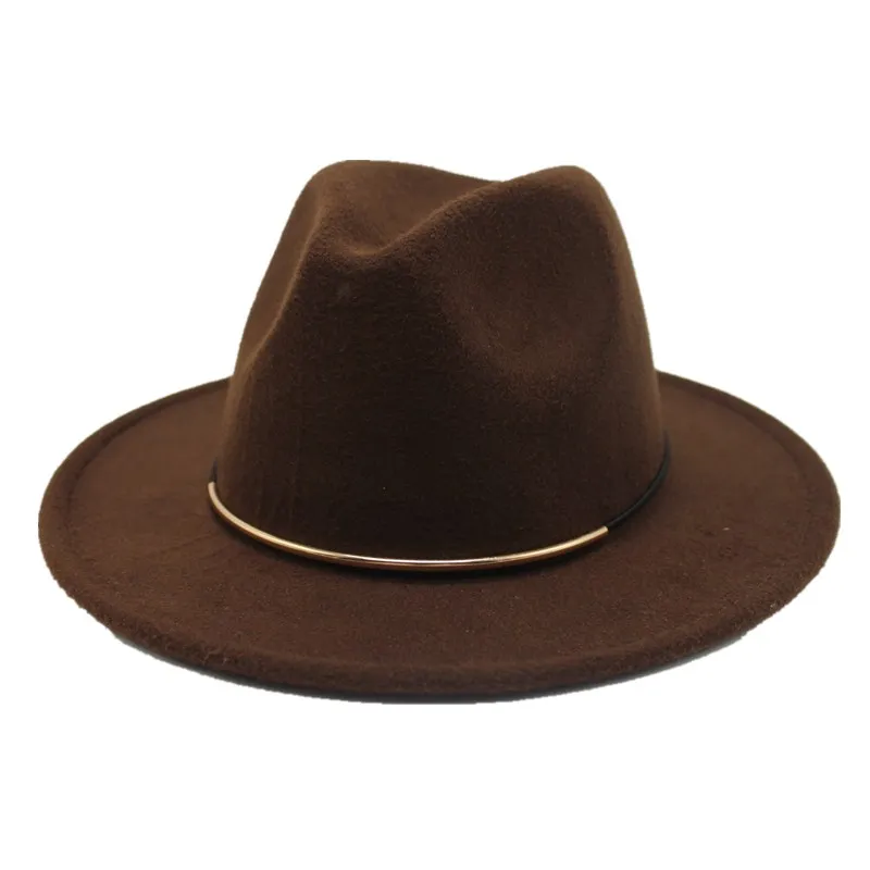 Seioum новые женские шерстяные фетровые шляпы с металлическим кольцом с широкими полями Панама зимние теплые джазовые кепки элегантные женские церковные шляпы сомбреро - Цвет: Dark coffee