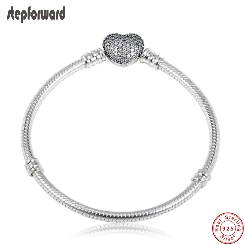 Baratos Gran oferta pulsera de plata clásica de buena calidad 100% Plata de Ley 925 momentos con broche de corazón de pavé para regalos de mujer