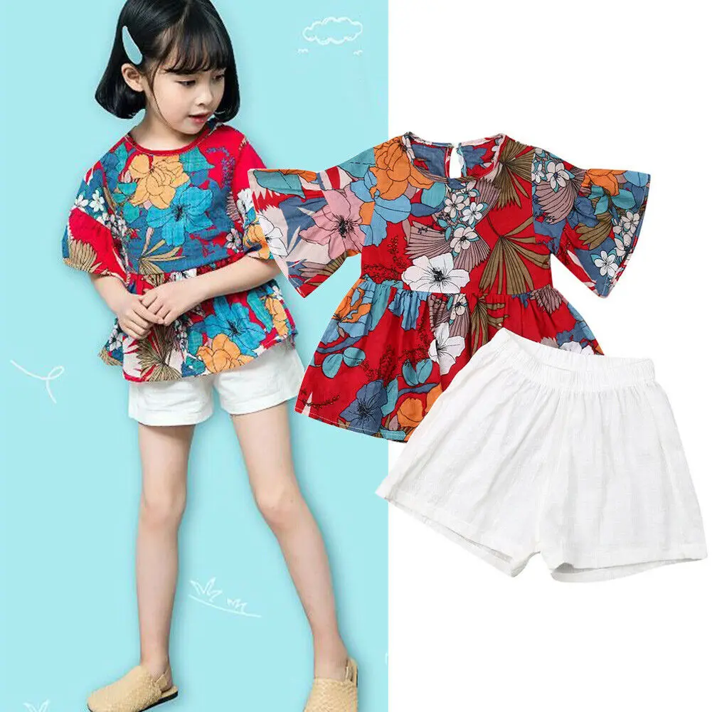 

Toddler Kids Girl Vogue Red Floral Flutter Short Sleeve Top White Shorts Children Girl's 2Pcs Outfits Set New
