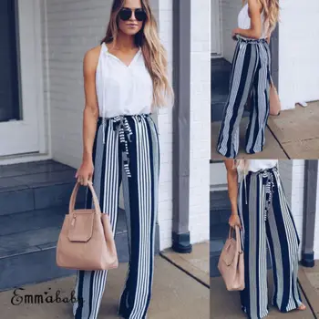 

2018 New Hot Summer Women Wide Leg Stripe Trousers Ladies Plain Flared Legging Loose Pants
