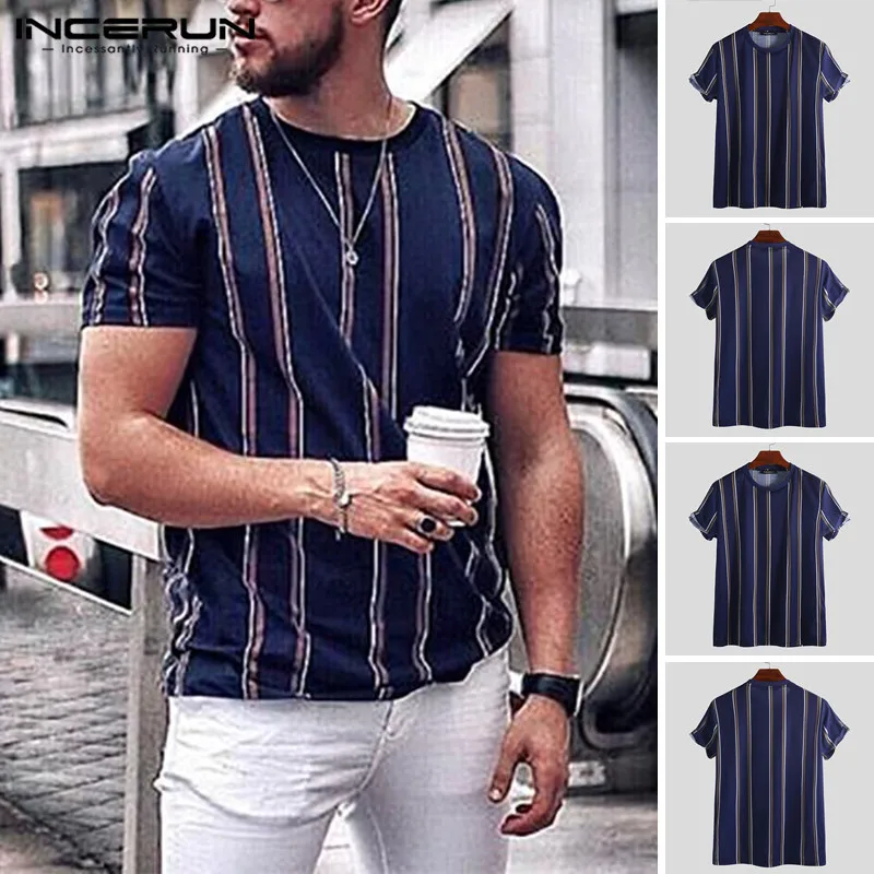 

INCERUN Summer Striped Casual T Shirt Men Crew Neck Tops Short Sleeve Stylish Loose Streetwear Brand T-shirts Men Camisetas 2019